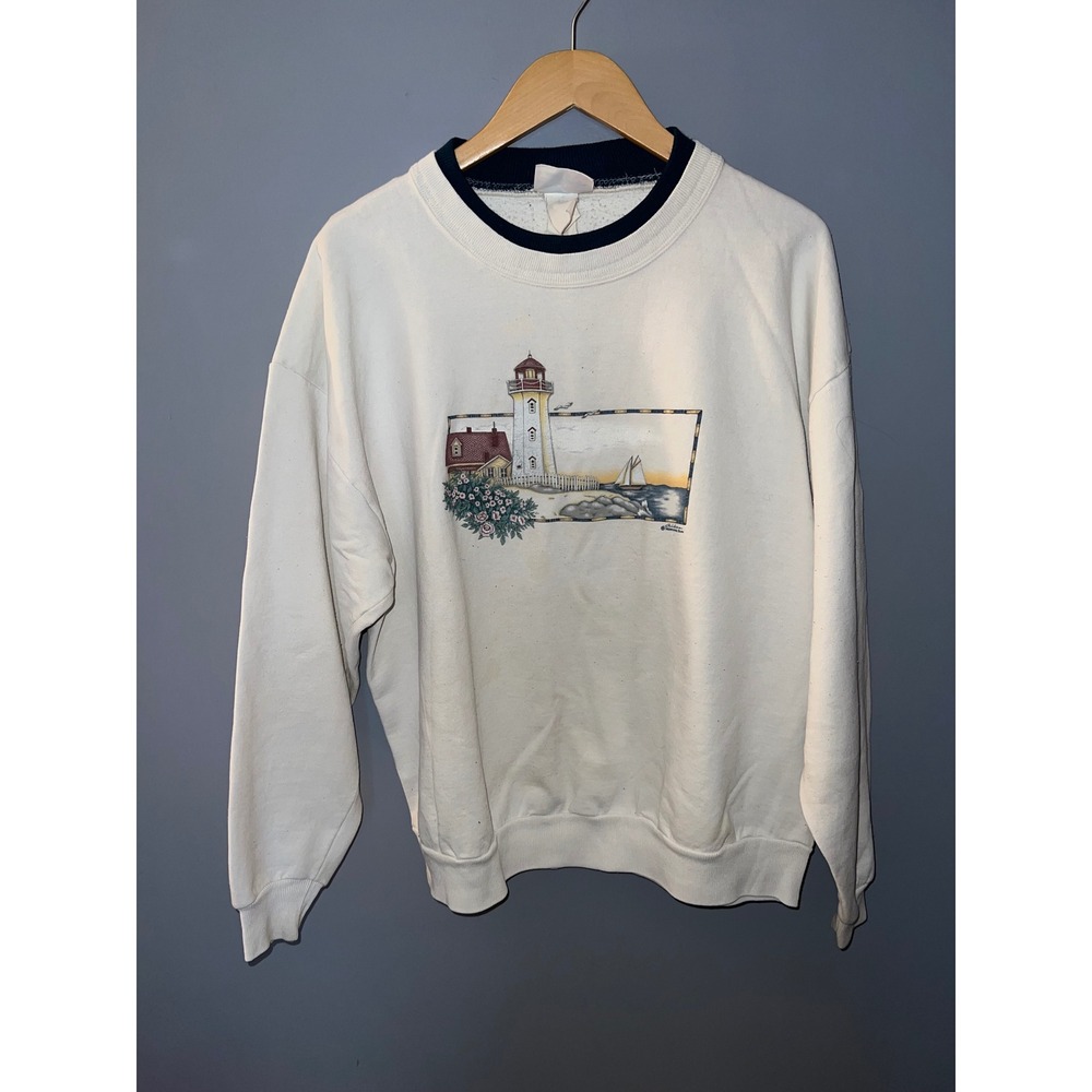 Vintage‎ Morning Sun Lighthouse Graphic Sweatshirt Cream Navy Double Collar 90s